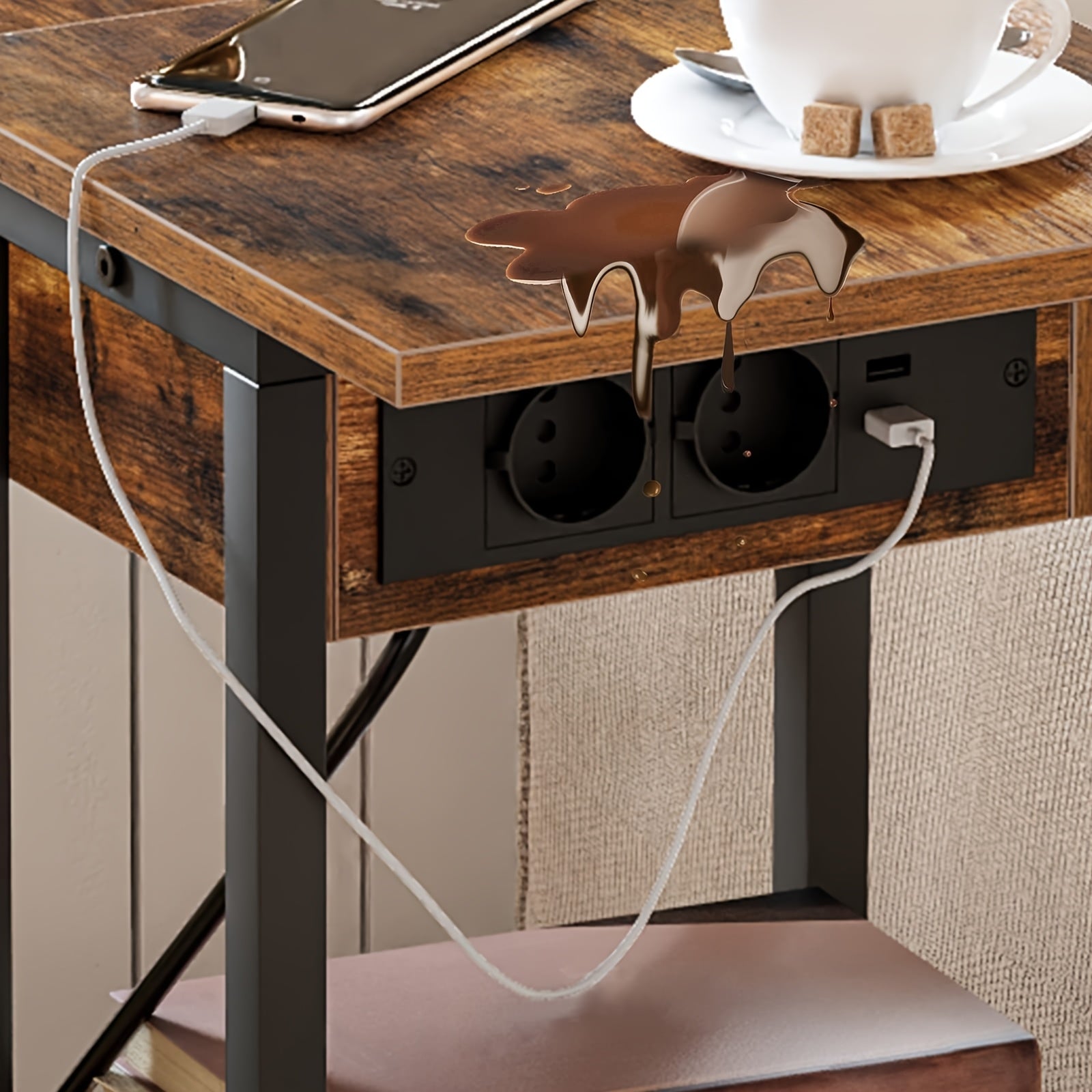 Klassischer C-förmiger Beistelltisch mit EU-Steckdosenstation (220-240V), Rollen & Ablagefächer