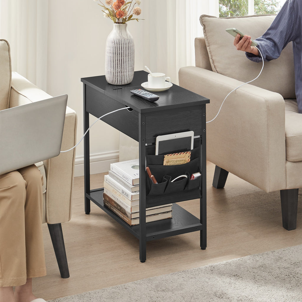 Beistelltisch mit Aufbewahrungstasche, Couchtisch, Nachttisch mit Steckdose, Ablage und 2 USB-Anschlüssen