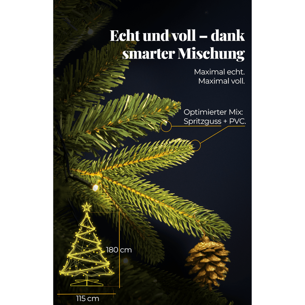 Premium Weihnachtsbaum künstlich 180cm – Nordmanntanne naturgetreu & edel dicht – Luxus Kunsttanne mit Holzständer