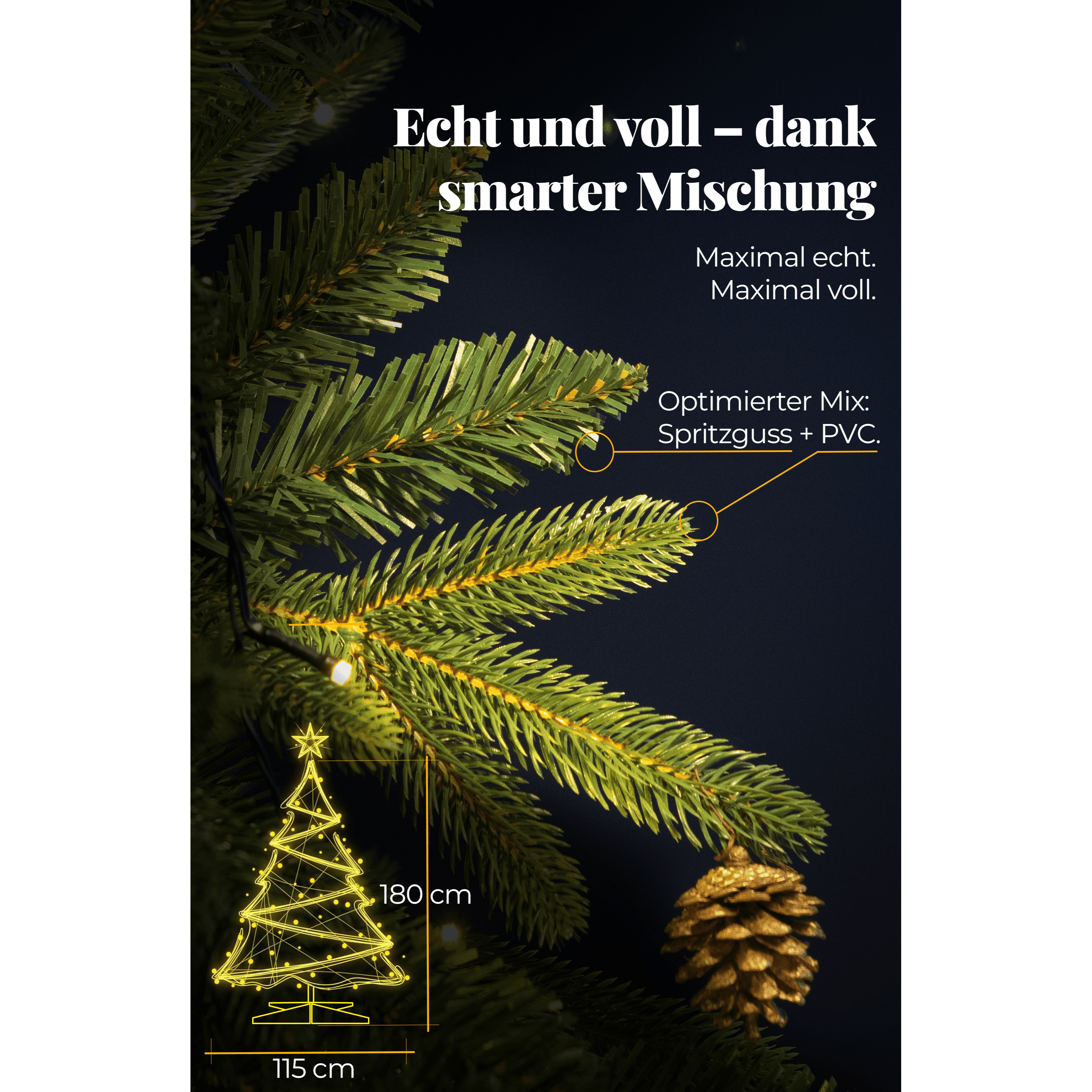 Premium Weihnachtsbaum künstlich 180cm – Nordmanntanne naturgetreu & edel dicht – Luxus Kunsttanne mit Holzständer