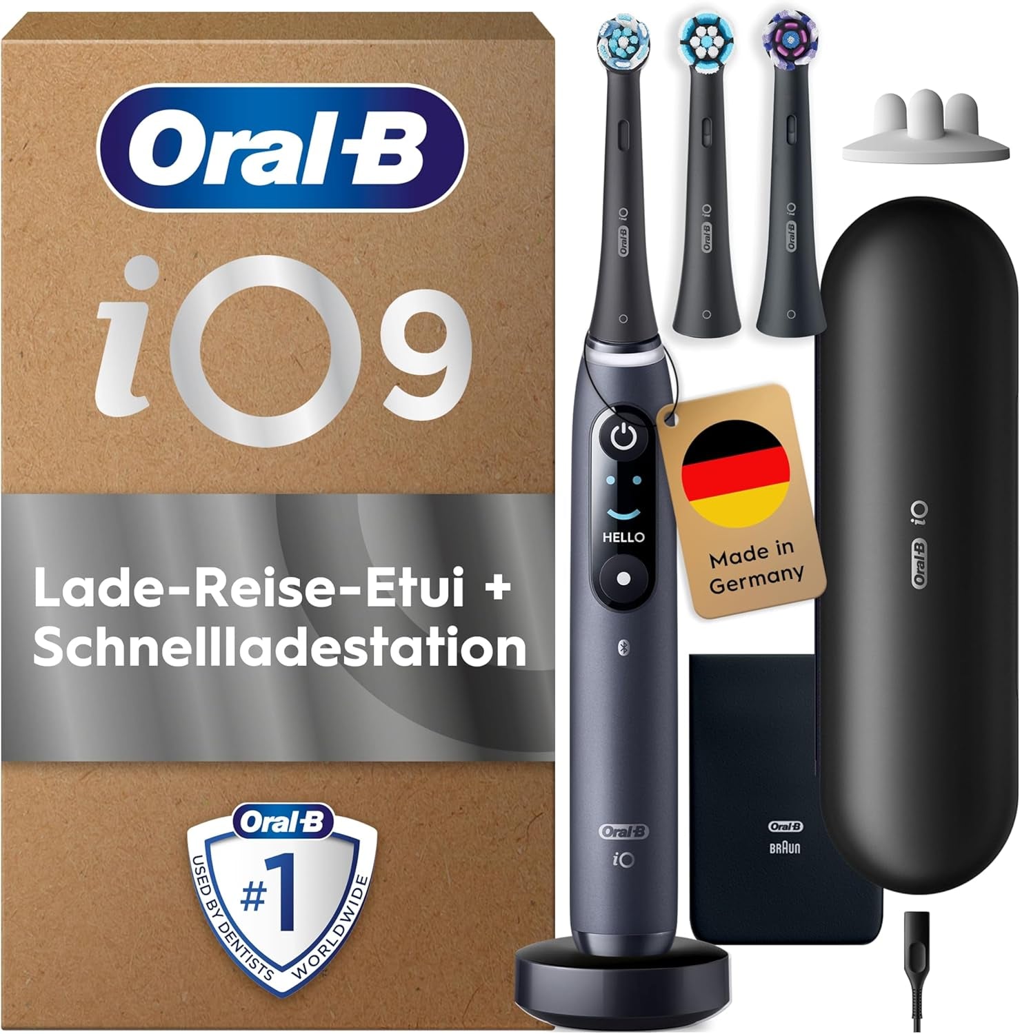 Oral-B Io Series 9 Elektrische Zahnbürste, Inkl. 3 Aufsteckbürsten, Lade-Reise-Etui, Schnellladestation