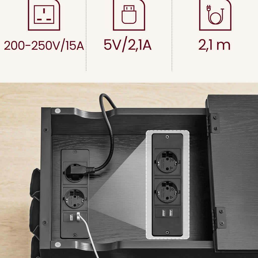 Beistelltisch mit Aufbewahrungstasche, Couchtisch, Nachttisch mit Steckdose, Ablage und 2 USB-Anschlüssen