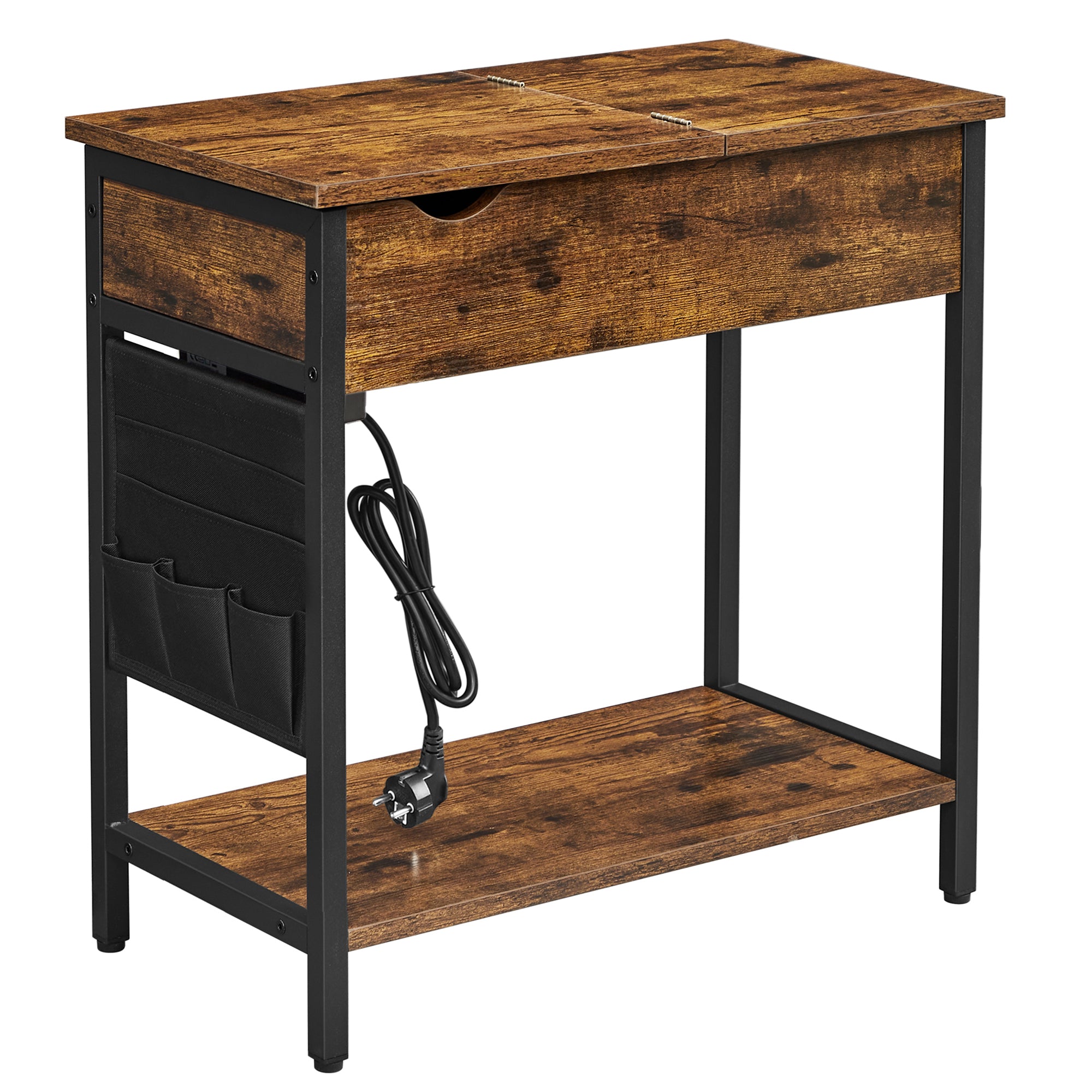 Beistelltisch mit Aufbewahrungstasche, Couchtisch, Nachttisch mit Steckdose, Ablage und 2 USB-Anschlüssen