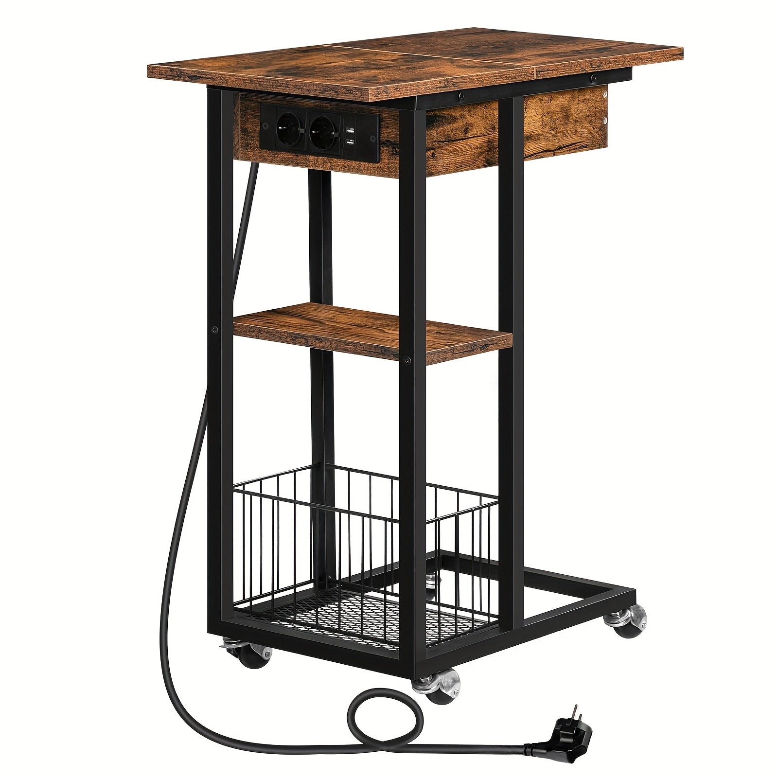 Klassischer C-förmiger Beistelltisch mit EU-Steckdosenstation (220-240V), Rollen & Ablagefächer