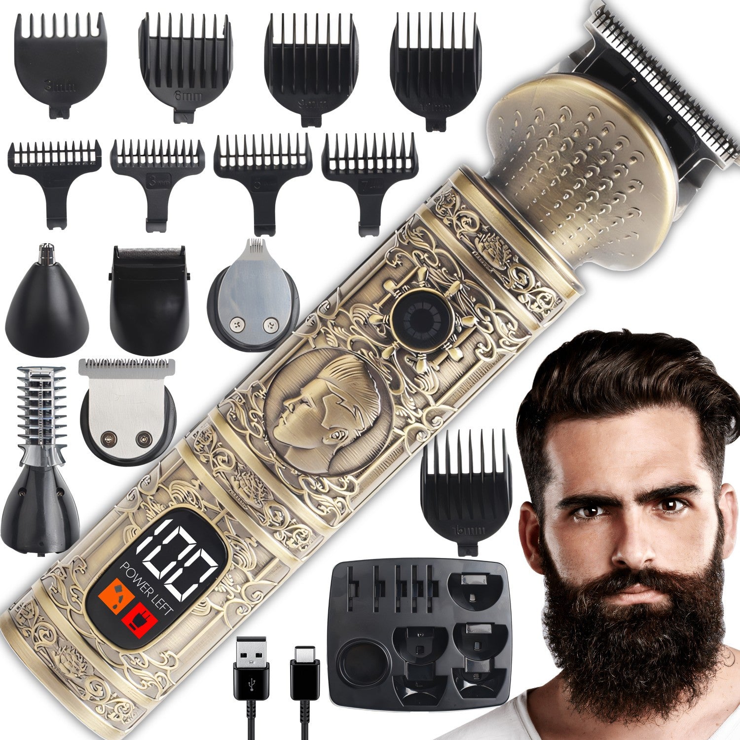 Haar- und Barttrimmer 6 In 1 Rasierer und Trimmer mit 6 Aufsätzen und 10 Distanz-Kämmen