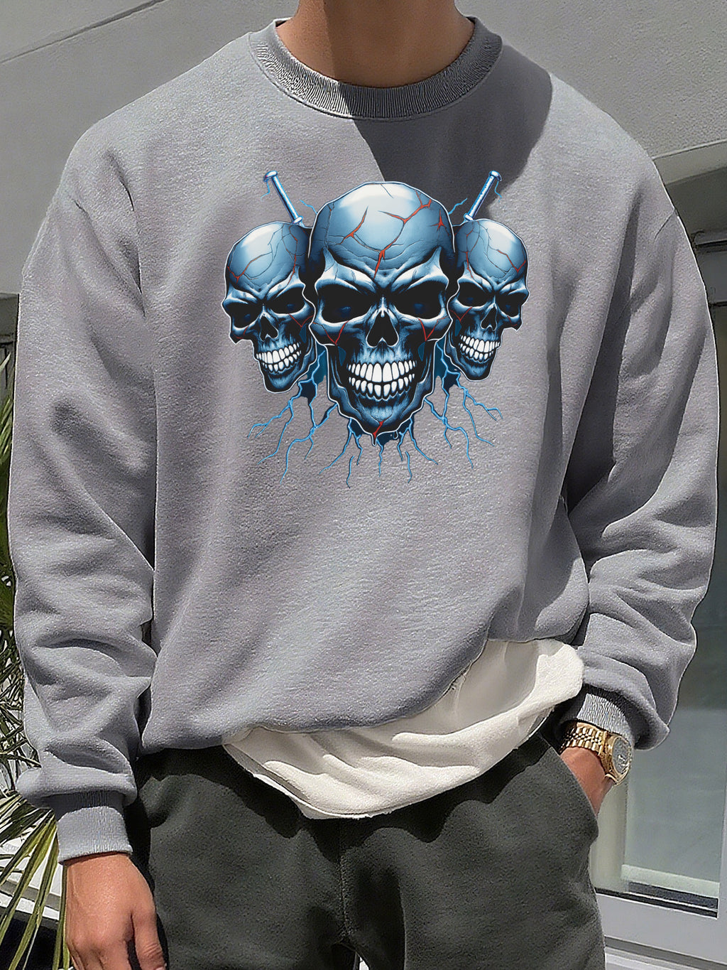 Herren Gothic Totenkopf & Blitzmuster Sweatshirt – Schwerer Casual Winterpullover