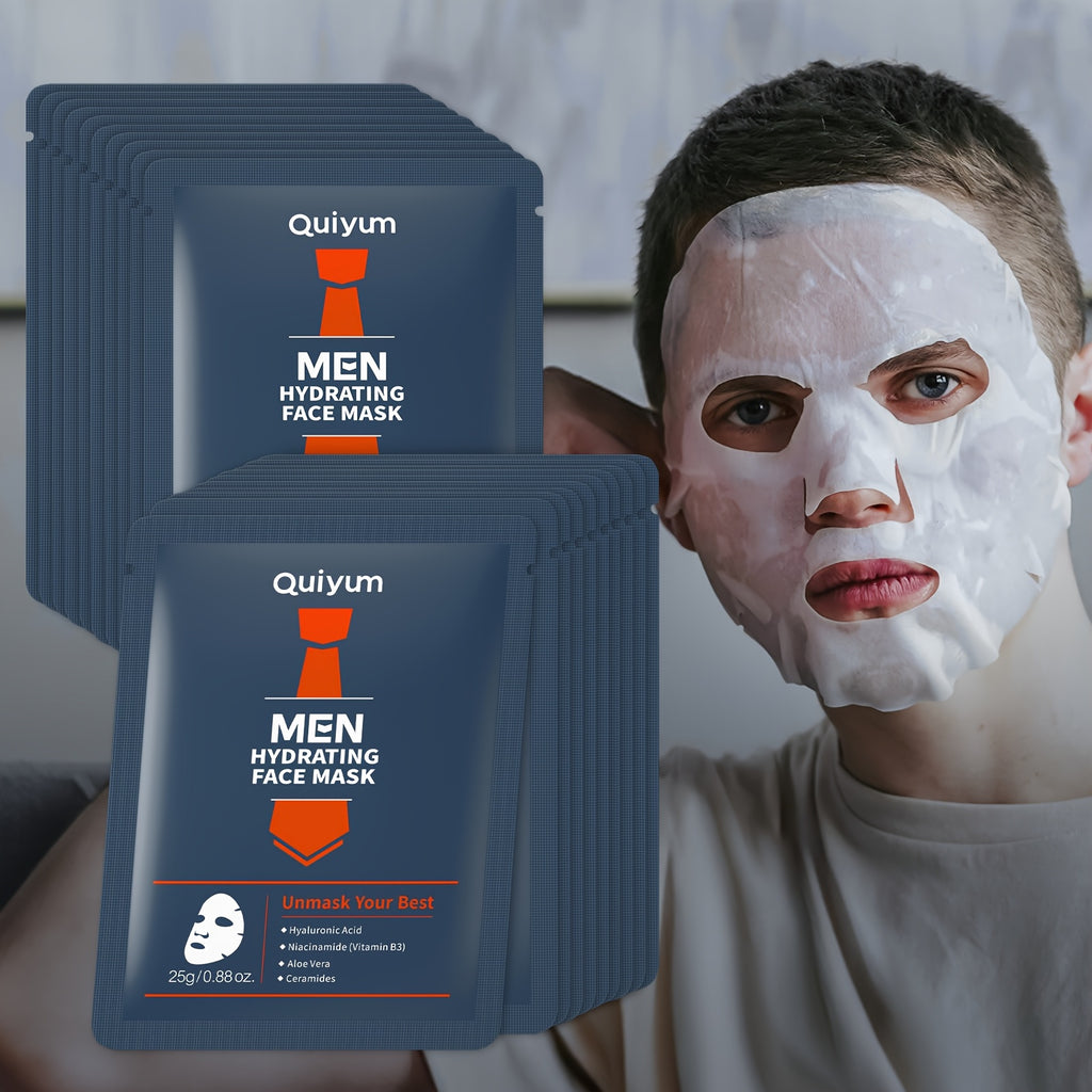 Quiyum Feuchtigkeitsspendende Gesichtsmaske für Männer - 20 Stück mit Hyaluronsäure, Niacinamid und Aloe Vera