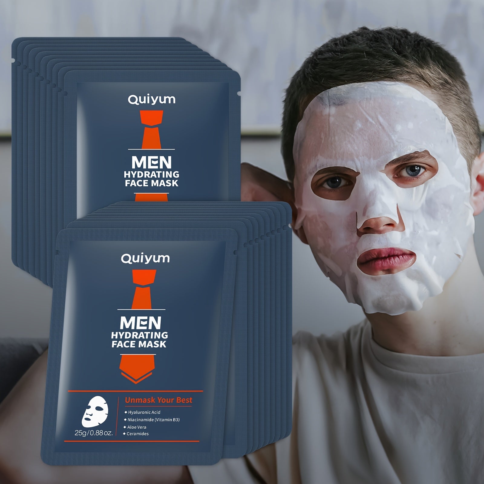 Quiyum Feuchtigkeitsspendende Gesichtsmaske für Männer - 20 Stück mit Hyaluronsäure, Niacinamid und Aloe Vera