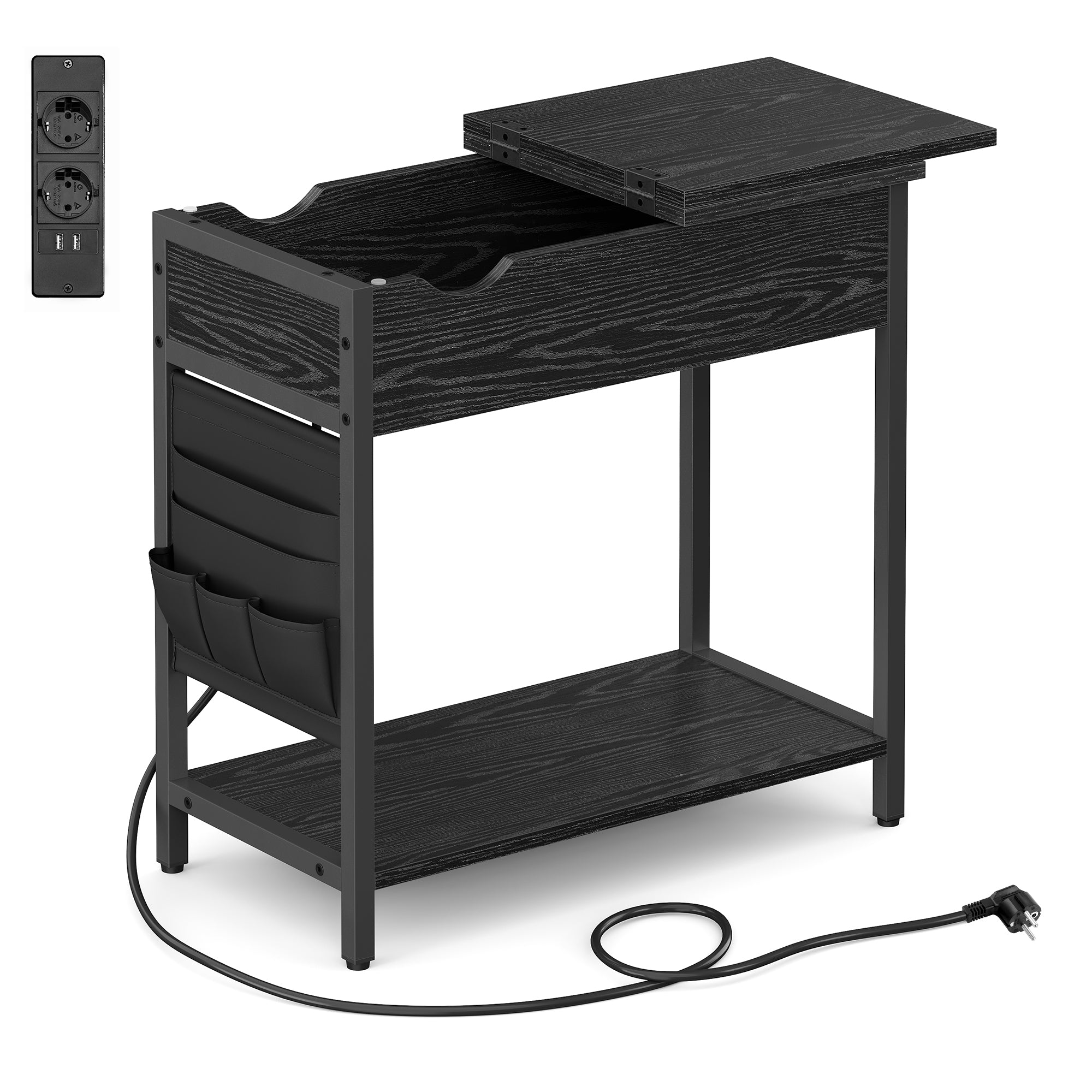 Beistelltisch mit Aufbewahrungstasche, Couchtisch, Nachttisch mit Steckdose, Ablage und 2 USB-Anschlüssen