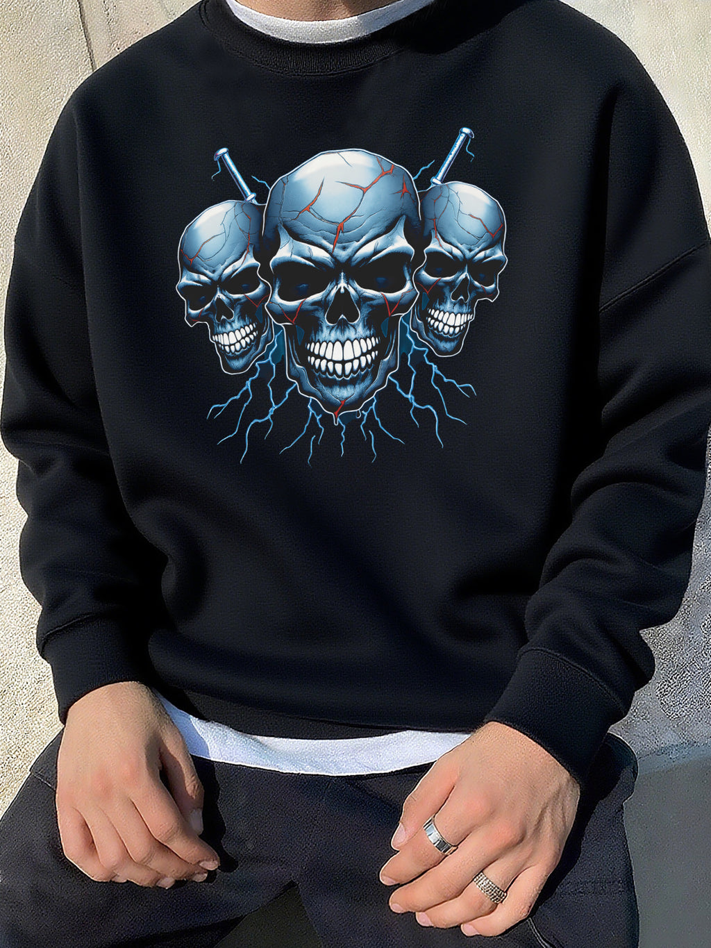 Herren Gothic Totenkopf & Blitzmuster Sweatshirt – Schwerer Casual Winterpullover
