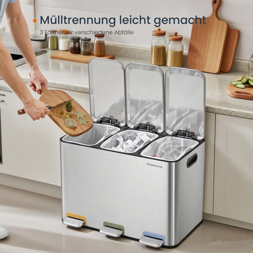 Mülleimer Küche, 3 x 15 L Fächer, mit Deckeln und Inneneimern, Abfalleimer mit farbcodierbaren Pedalen