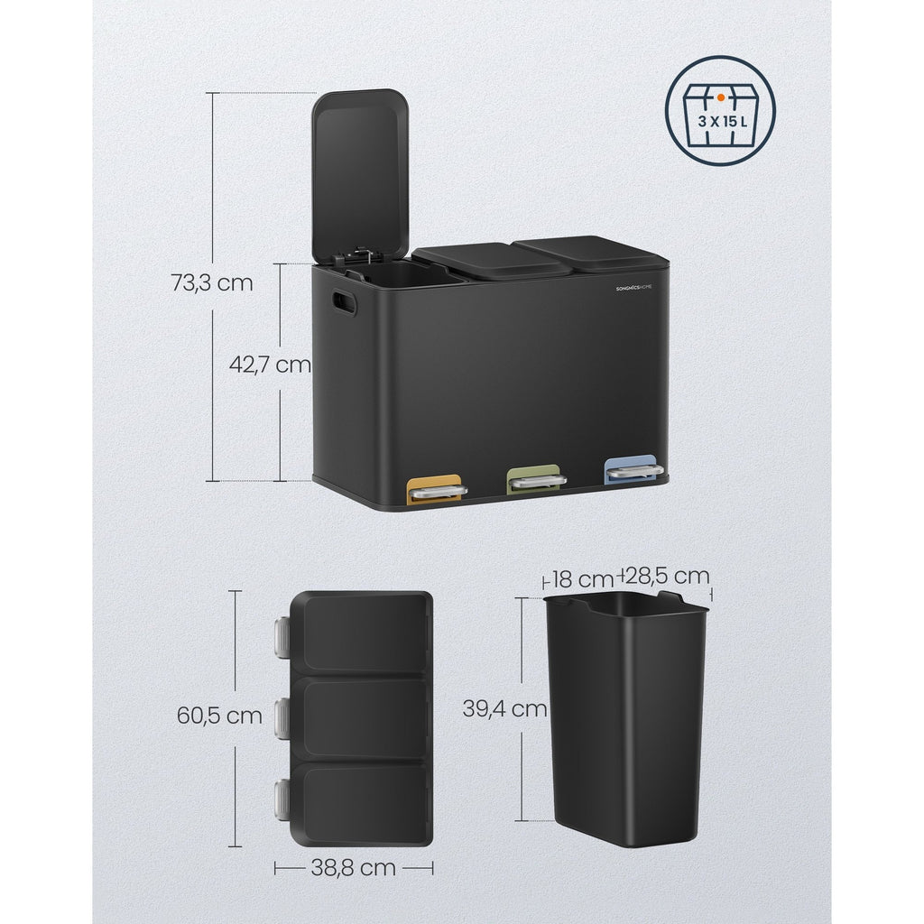 Mülleimer Küche, 3 x 15 L Fächer, mit Deckeln und Inneneimern, Abfalleimer mit farbcodierbaren Pedalen