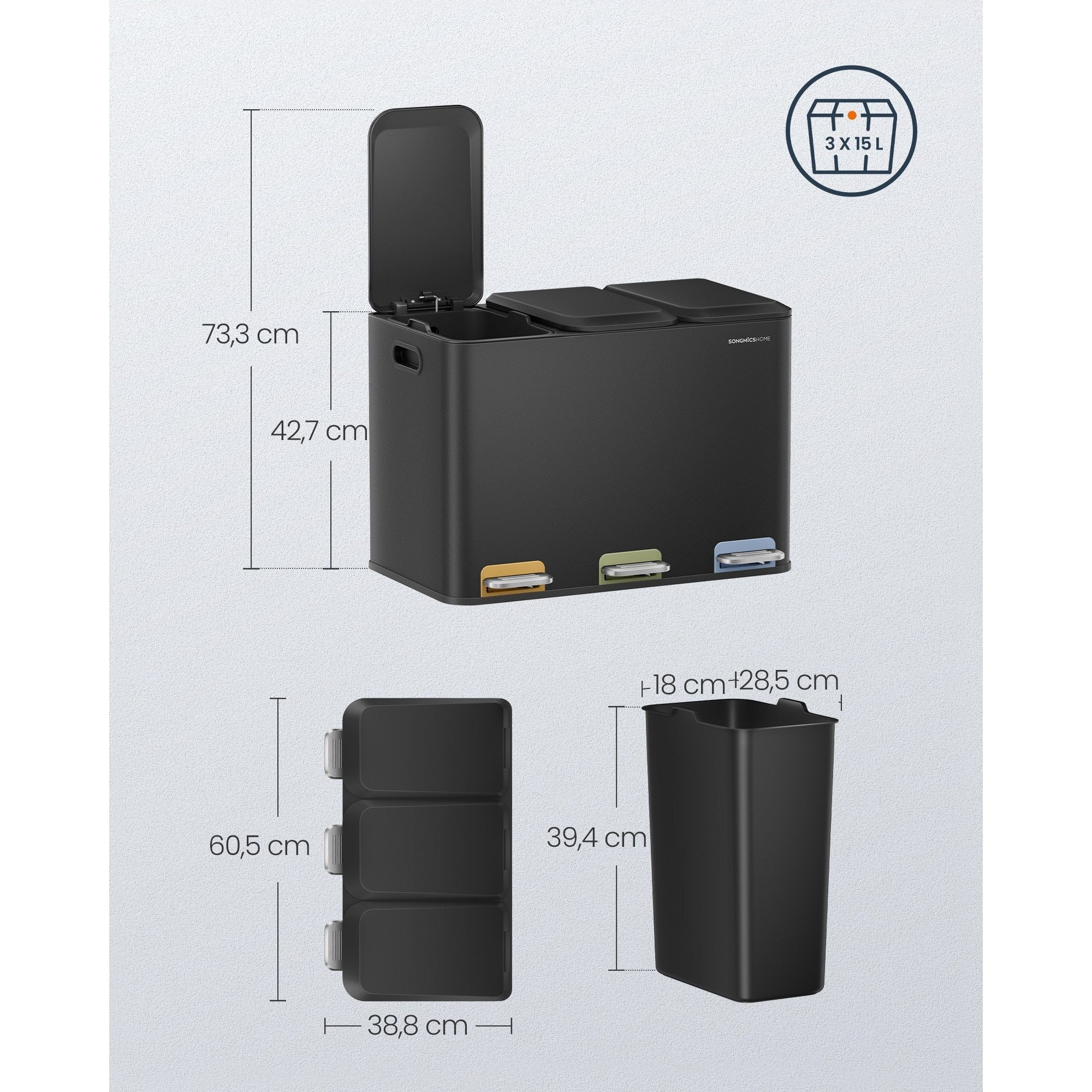 Mülleimer Küche, 3 x 15 L Fächer, mit Deckeln und Inneneimern, Abfalleimer mit farbcodierbaren Pedalen