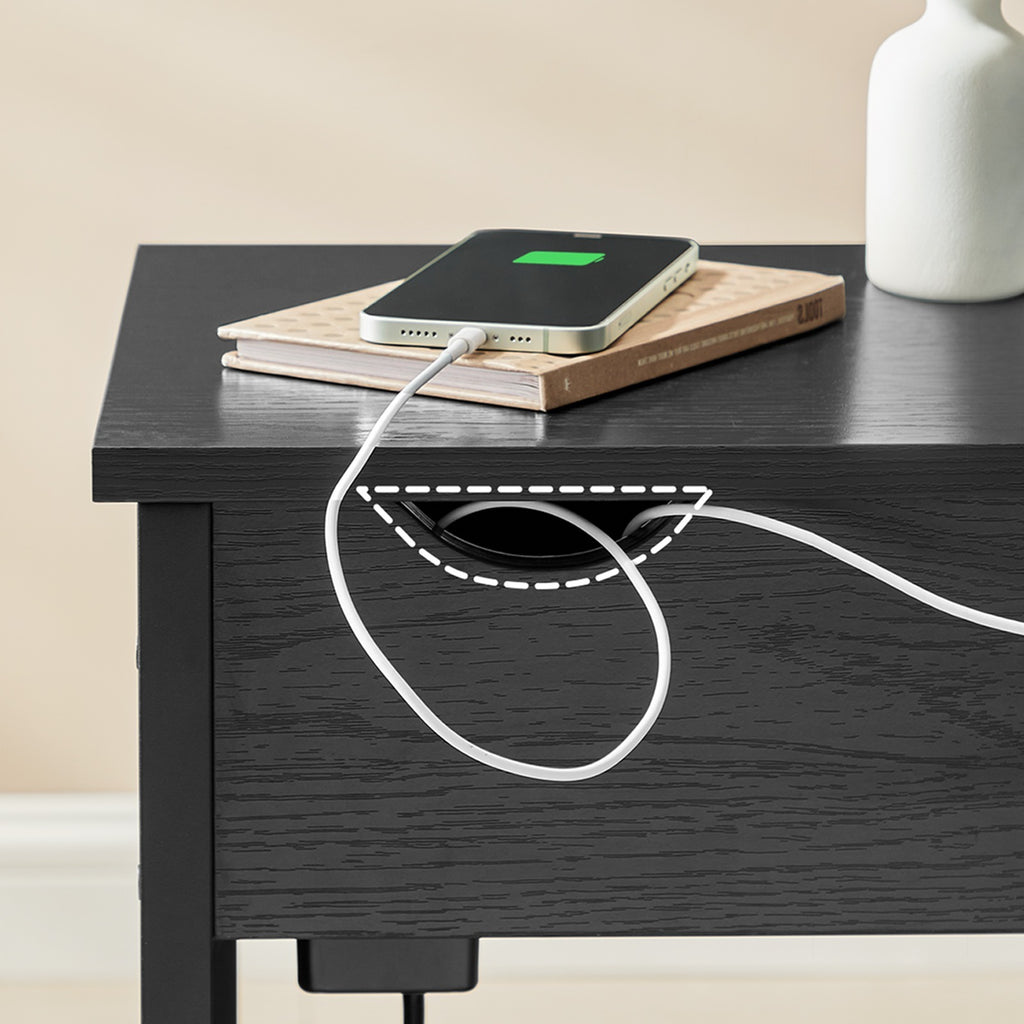 Beistelltisch mit Aufbewahrungstasche, Couchtisch, Nachttisch mit Steckdose, Ablage und 2 USB-Anschlüssen