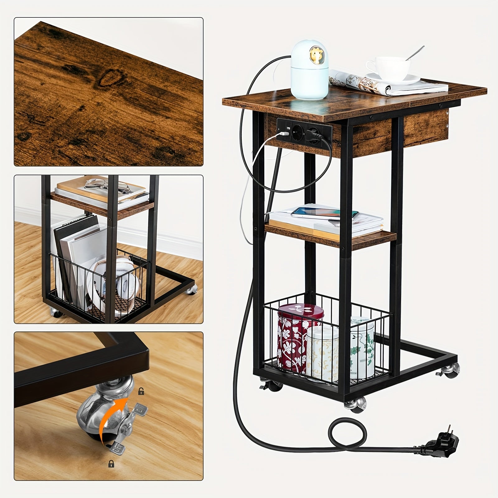 Klassischer C-förmiger Beistelltisch mit EU-Steckdosenstation (220-240V), Rollen & Ablagefächer