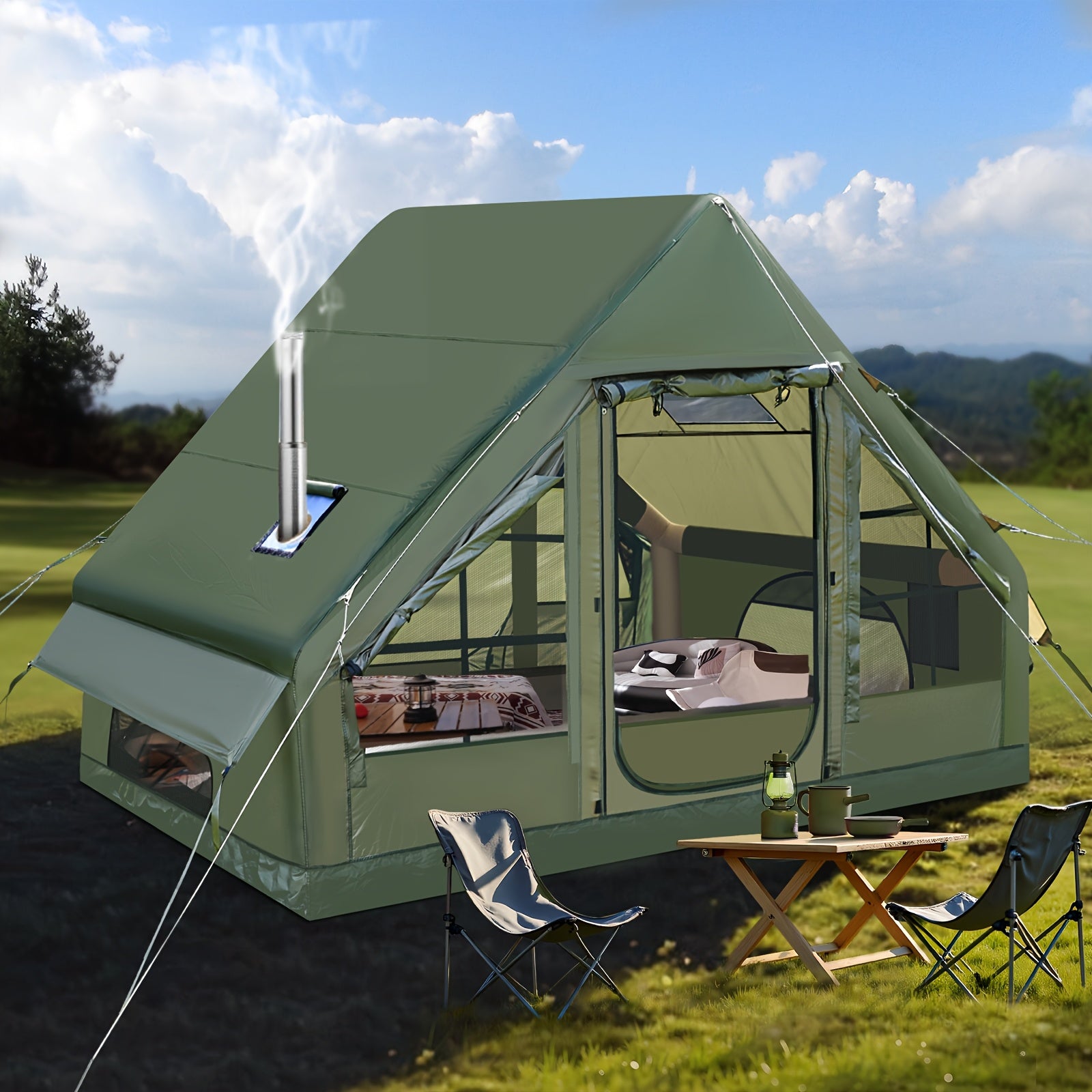 6-10 Personen Militärgrünes Aufblasbares Zelt für Outdoor-Camping – Extra Großer Raum