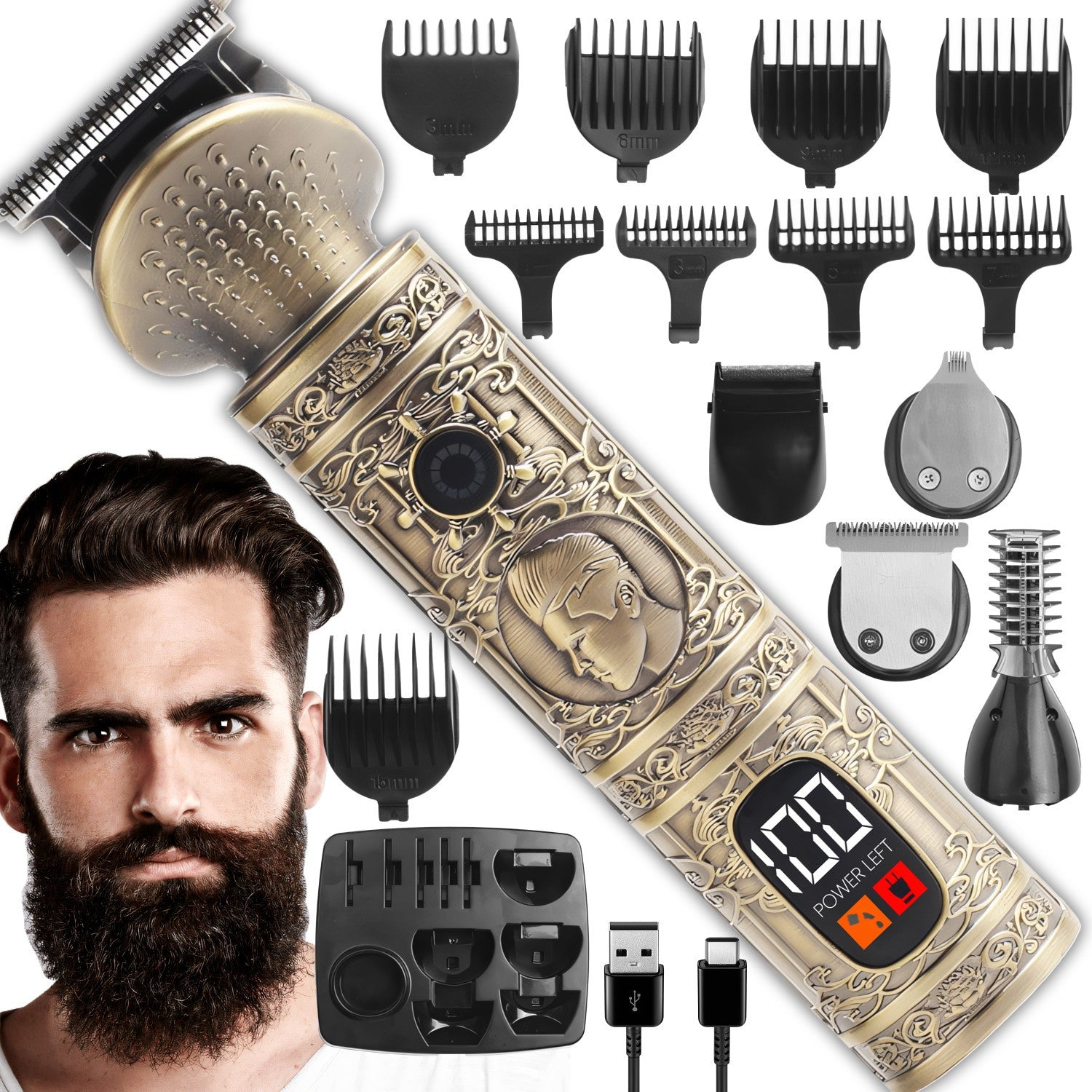 Haar- und Barttrimmer 6 In 1 Rasierer und Trimmer mit 6 Aufsätzen und 10 Distanz-Kämmen