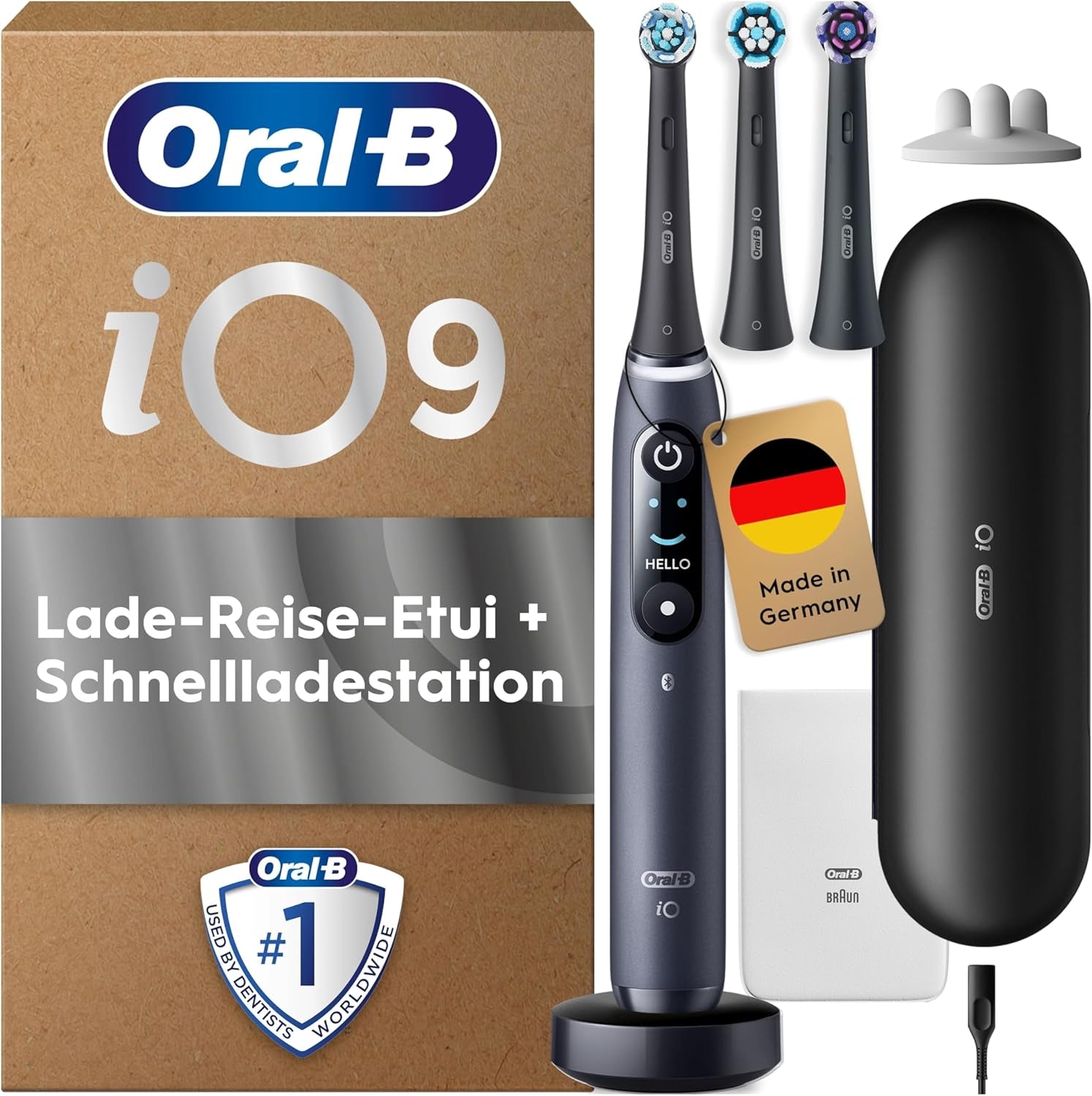 Oral-B Io Series 9 Elektrische Zahnbürste, Inkl. 3 Aufsteckbürsten, Lade-Reise-Etui, Schnellladestation