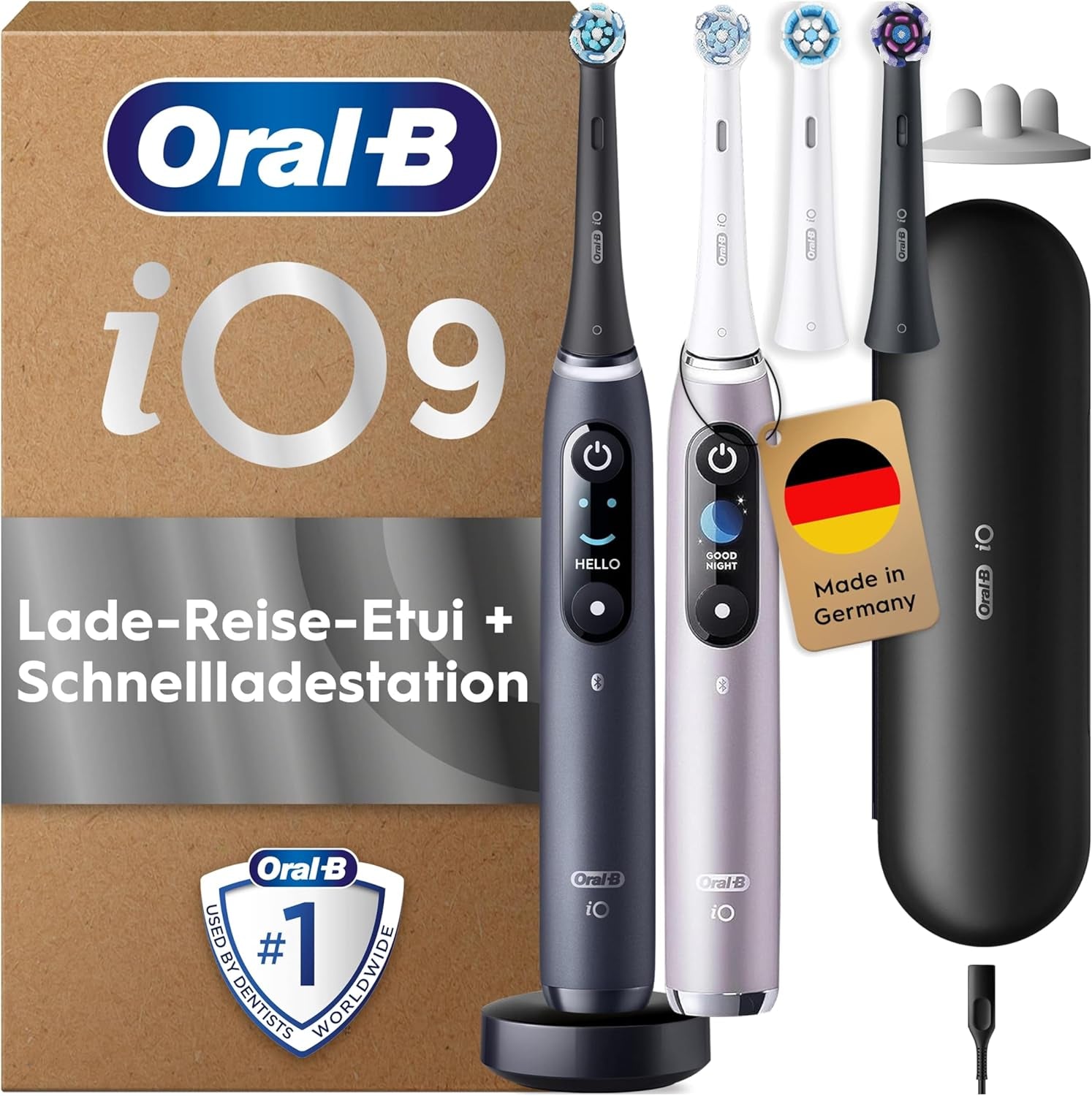 Oral-B Io Series 9 Elektrische Zahnbürste, Inkl. 3 Aufsteckbürsten, Lade-Reise-Etui, Schnellladestation
