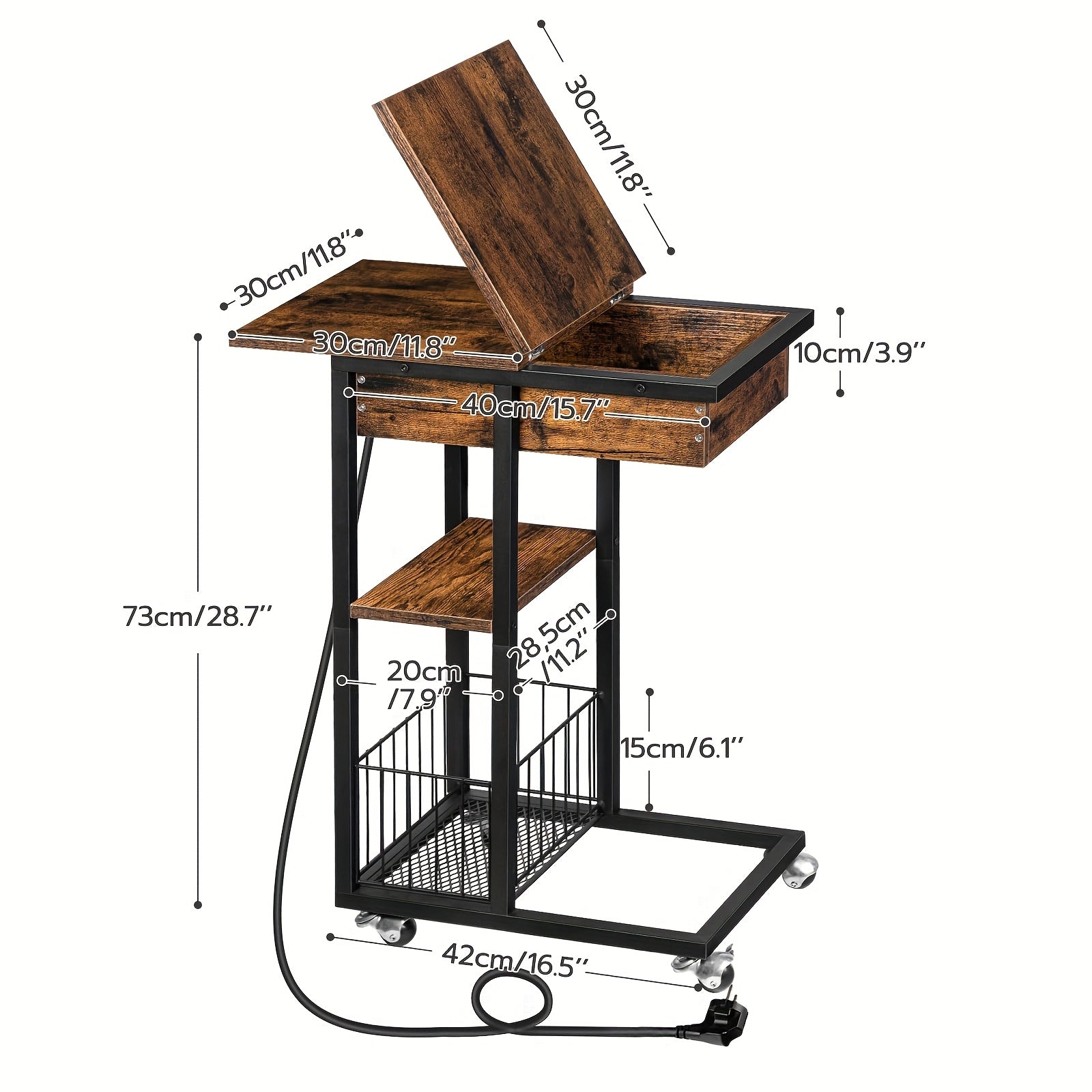 Klassischer C-förmiger Beistelltisch mit EU-Steckdosenstation (220-240V), Rollen & Ablagefächer