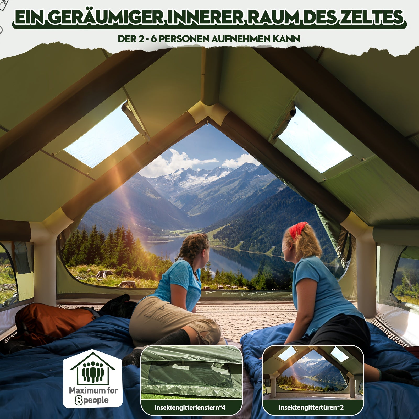 6-10 Personen Militärgrünes Aufblasbares Zelt für Outdoor-Camping – Extra Großer Raum