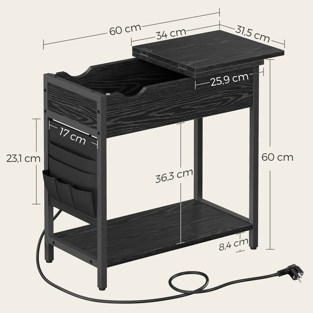 Beistelltisch mit Aufbewahrungstasche, Couchtisch, Nachttisch mit Steckdose, Ablage und 2 USB-Anschlüssen