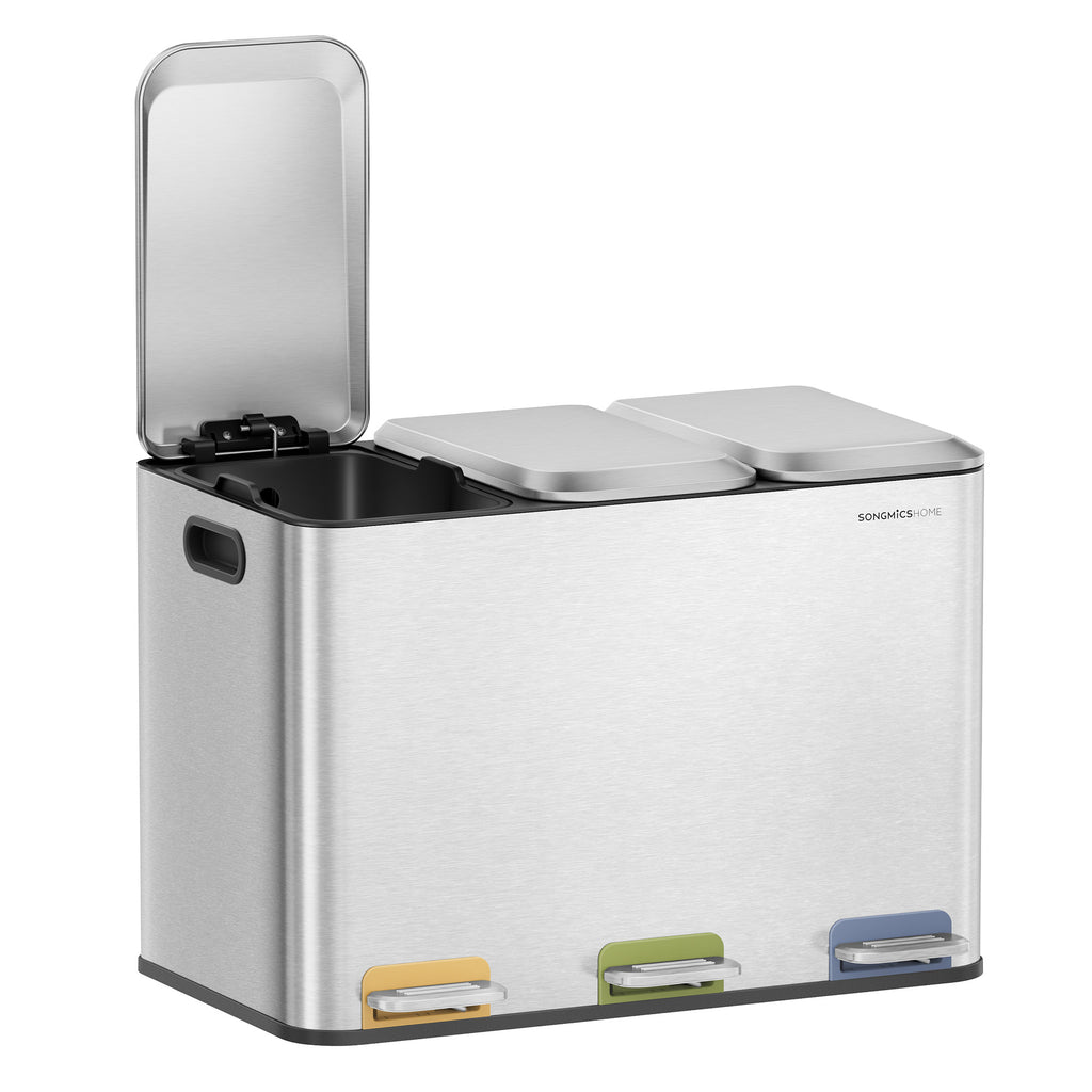 Mülleimer Küche, 3 x 15 L Fächer, mit Deckeln und Inneneimern, Abfalleimer mit farbcodierbaren Pedalen