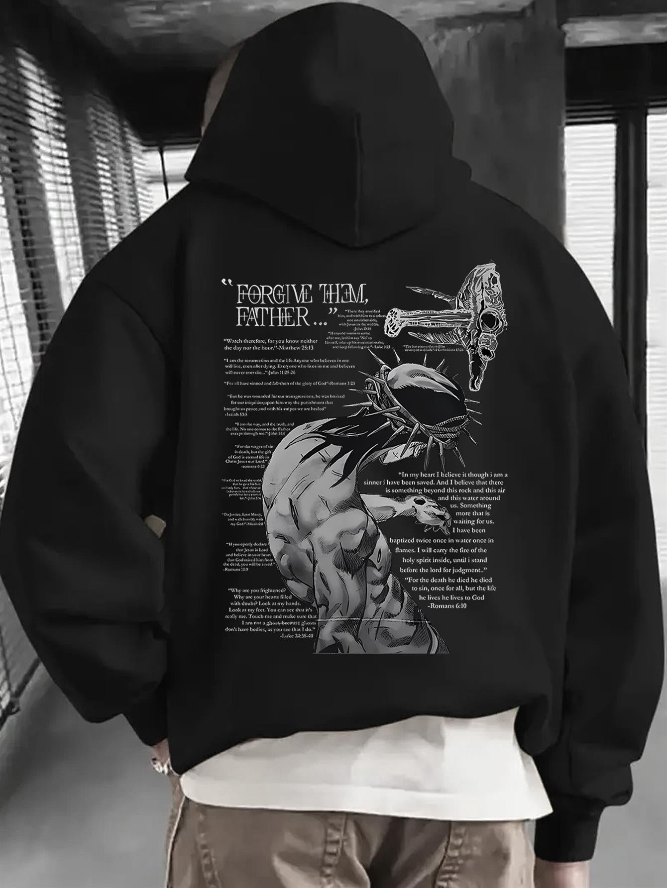 Herren Schwarze Grafik-Kapuzenjacke - Vergib Ihnen, Vater