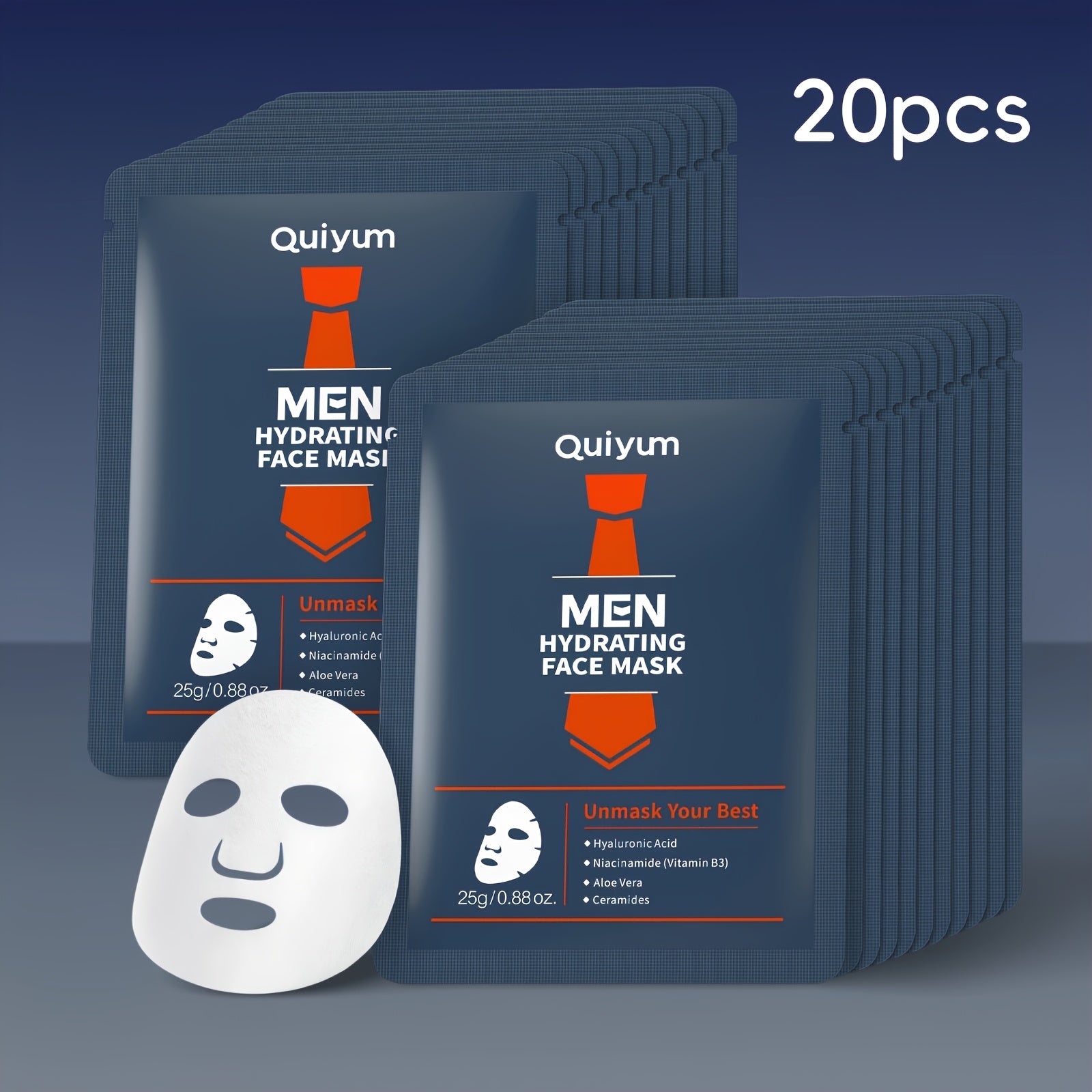Quiyum Feuchtigkeitsspendende Gesichtsmaske für Männer - 20 Stück mit Hyaluronsäure, Niacinamid und Aloe Vera