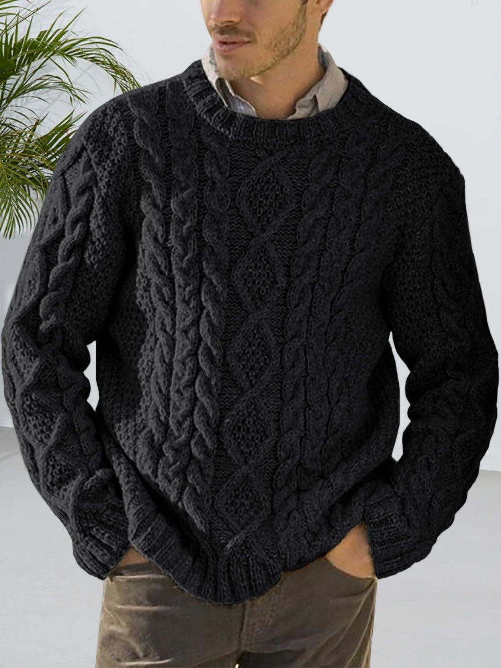 Herren Chunky Cable Pullover - Slim-Fit Winterwärme-Pulli