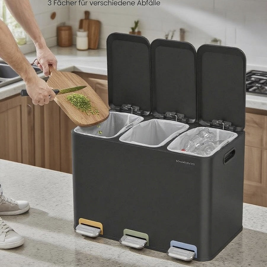 Mülleimer Küche, 3 x 15 L Fächer, mit Deckeln und Inneneimern, Abfalleimer mit farbcodierbaren Pedalen