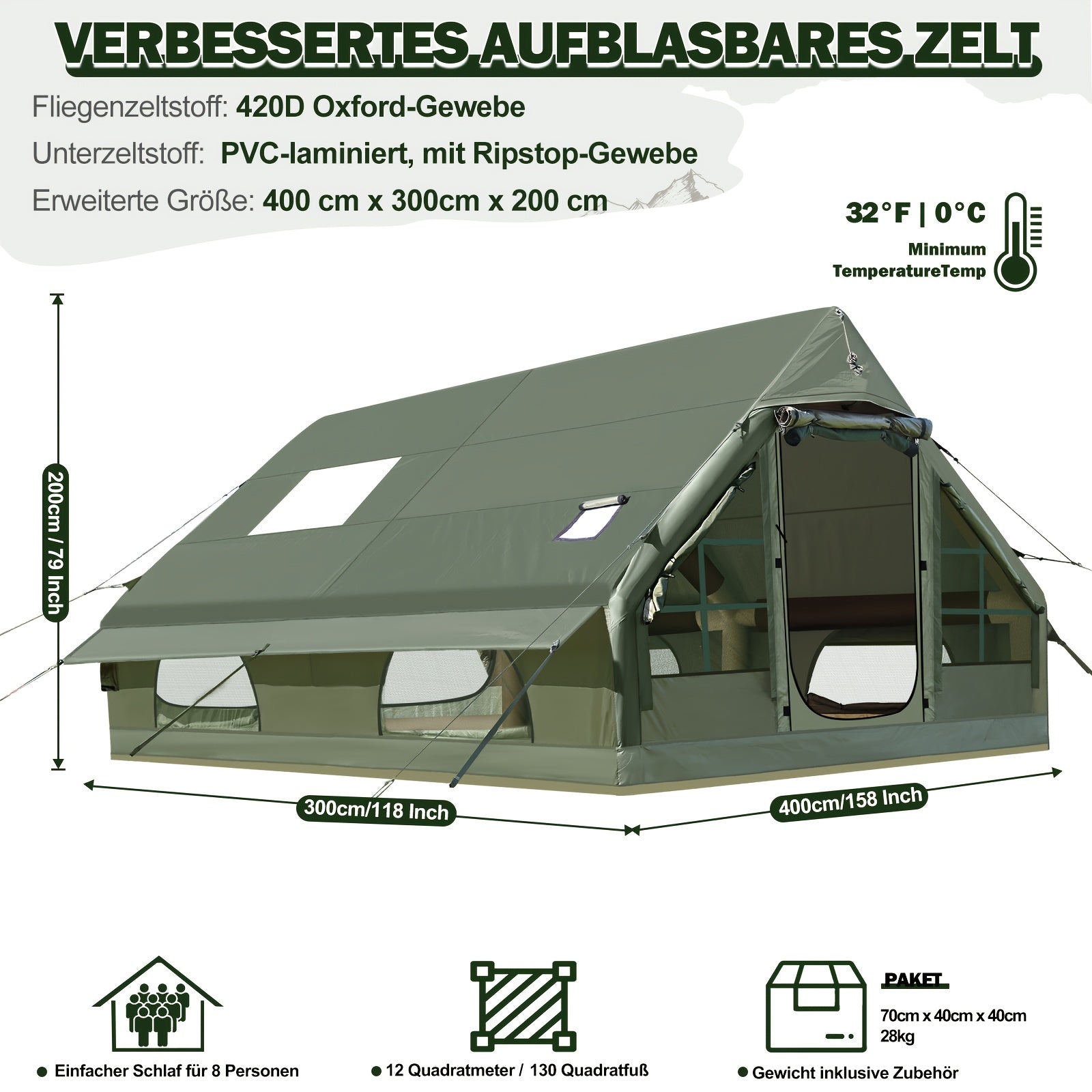 6-10 Personen Militärgrünes Aufblasbares Zelt für Outdoor-Camping – Extra Großer Raum