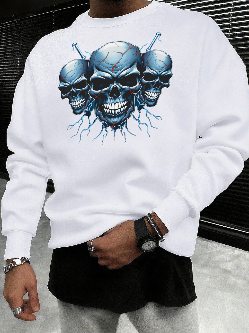 Herren Gothic Totenkopf & Blitzmuster Sweatshirt – Schwerer Casual Winterpullover