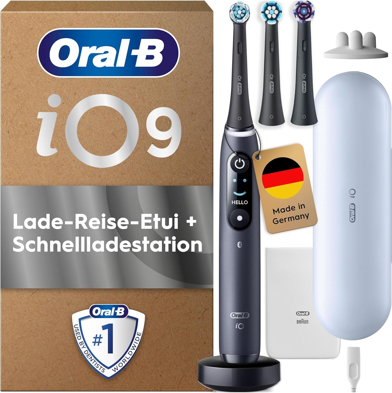 Oral-B Io Series 9 Elektrische Zahnbürste, Inkl. 3 Aufsteckbürsten, Lade-Reise-Etui, Schnellladestation