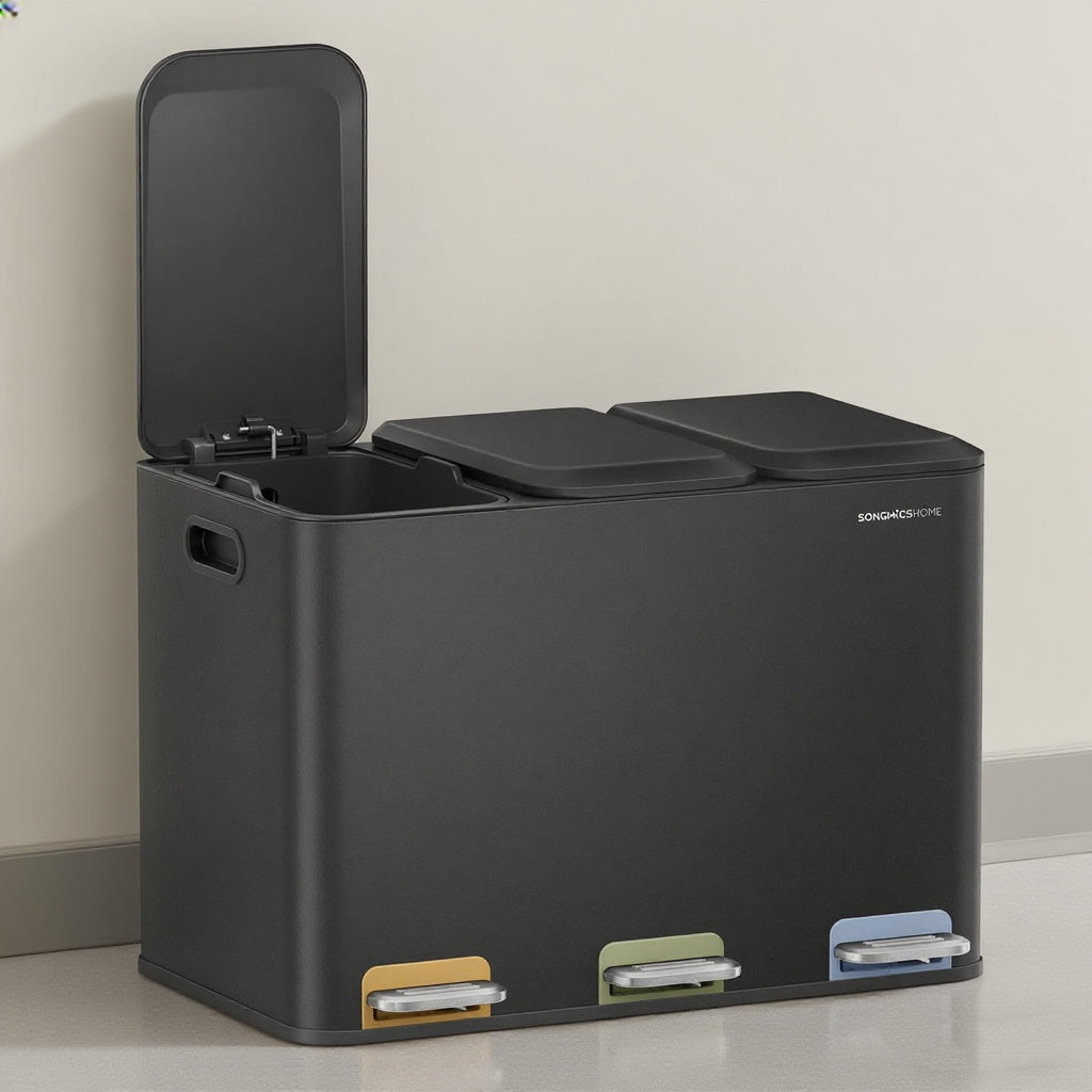 Mülleimer Küche, 3 x 15 L Fächer, mit Deckeln und Inneneimern, Abfalleimer mit farbcodierbaren Pedalen