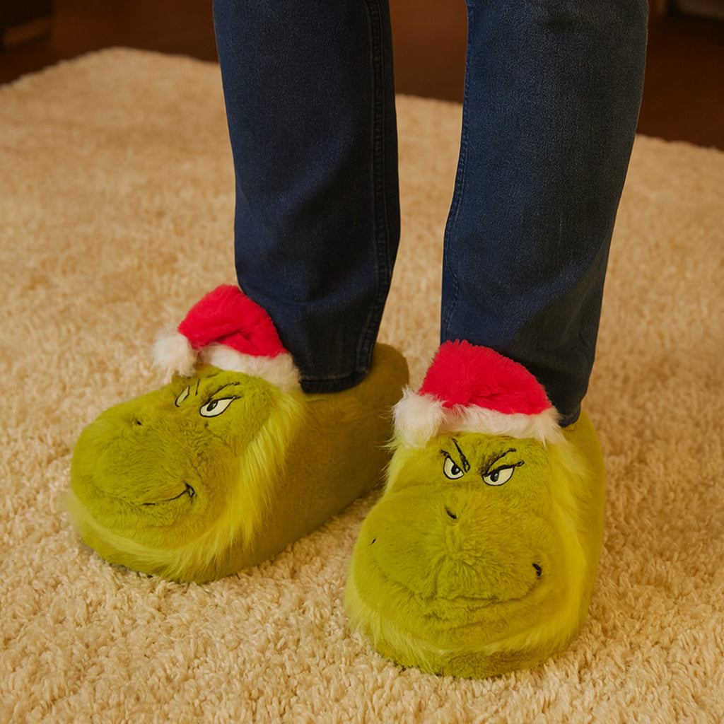 he Grinch 3D Hausschuhe - Plüsch Slipper mit Weihnachtsmütze Pantoffeln